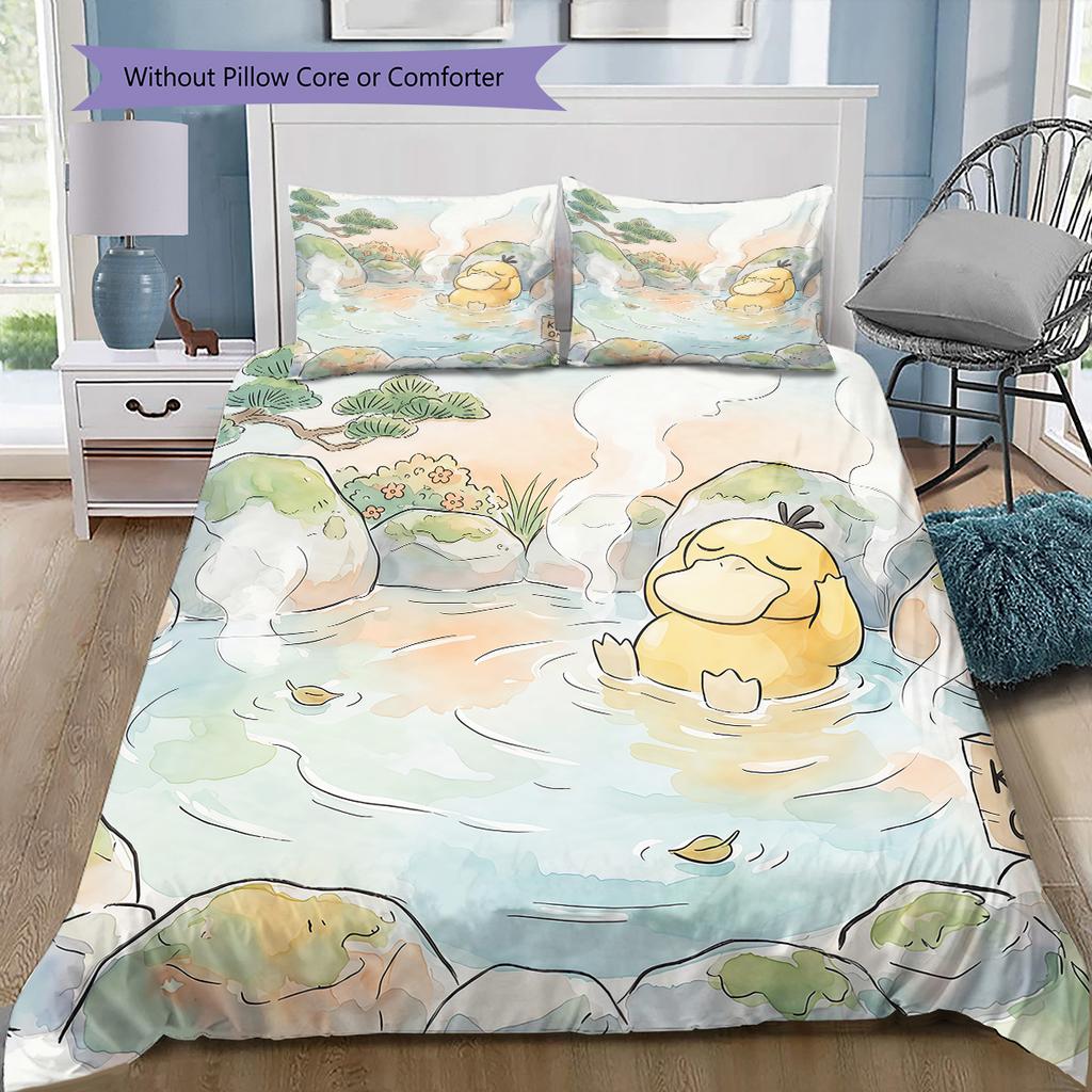 Pokémon Psyduck Theme Bedding Set, 1 Duvet Cover & 2 Pillowcases, Cozy Home Use, Great Gift for Fans