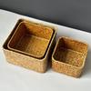 Hand-Woven Rattan Straw Storage Basket - Square, Open-Top Organizer for Desktop Items and Snacks