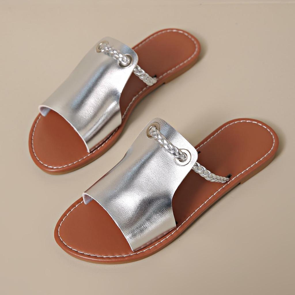 2024 Летние пляжные шлепанцы большого размера для женщин, тканые, однотонные