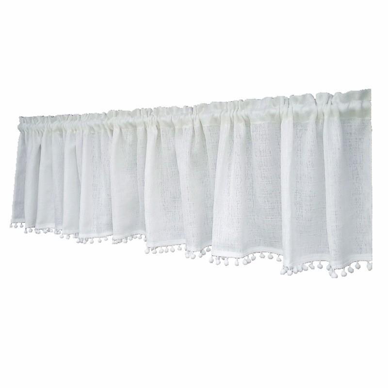 White Sheer Tulle Half Curtain With Fluffy Pom-Pom Trim Kitchen Window Door Cabinet Decor Rod Pocket Hook-and-Loop Options