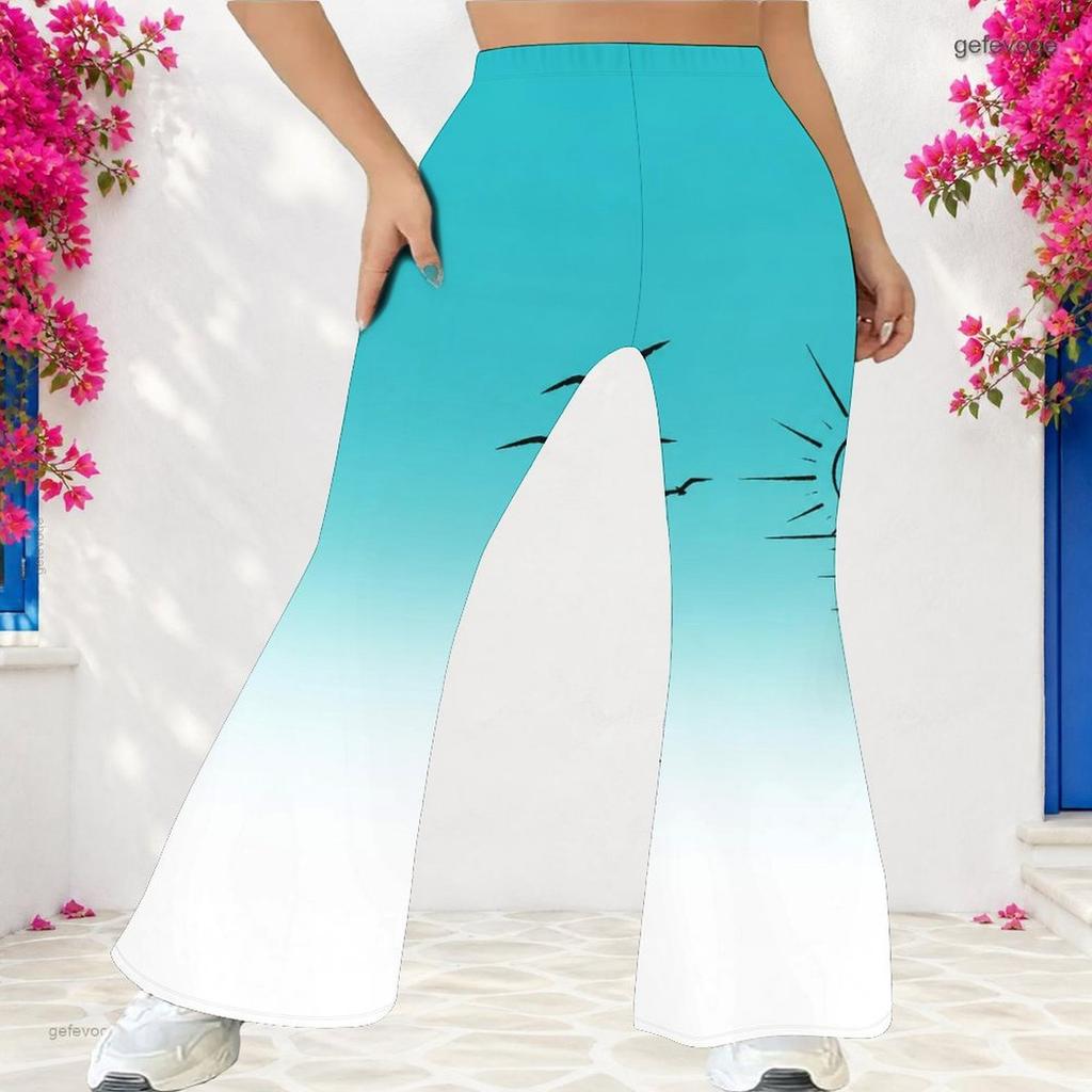Women Plus Size High Waist Full Length Flared Pants Gradient Palm Tree Printed