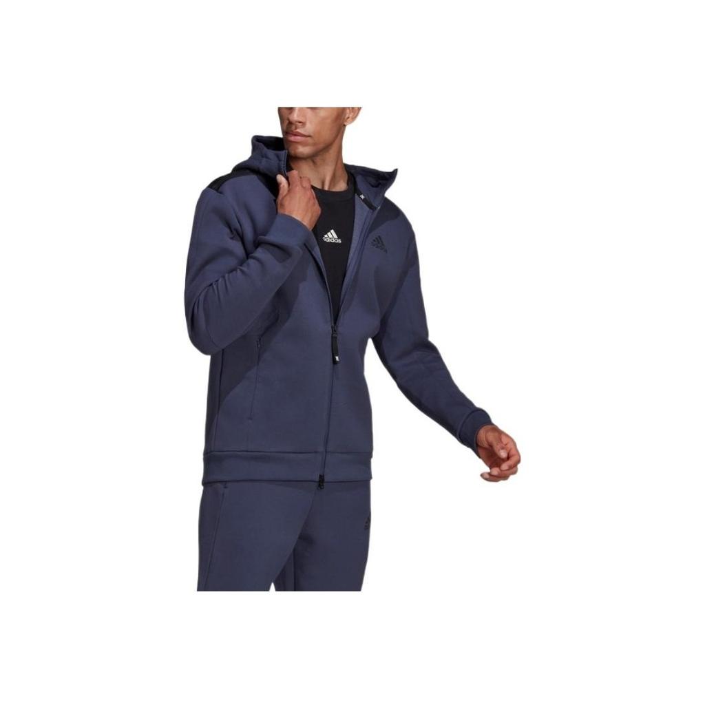 Adidas Однотонная куртка с капюшоном и аппликацией логотипа на молнии, мужские топы, синие HC5780