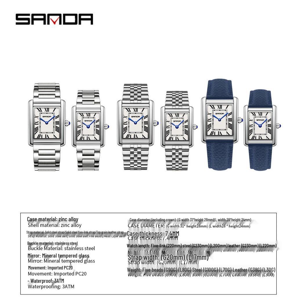 Женские кварцевые часы Sanda, маленький циферблат, римские цифры, модные водонепроницаемые прямоугольные, парный дизайн.