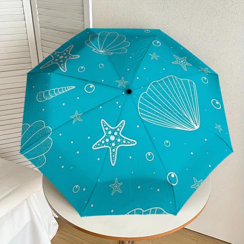 1pc Oceanic Seashells Starfish Pattern Umbrella with Plastic Handle,Suitable for All Seasons Home Travel Outdoor UmbrellaDD1797