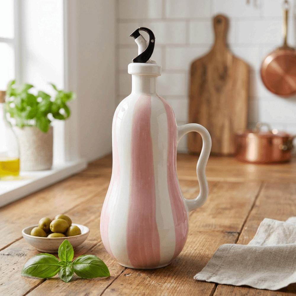 Ergonomic Grip Ceramic  Oil Bottle Striped Pattern Dispenser Container  Kitchen Accessories