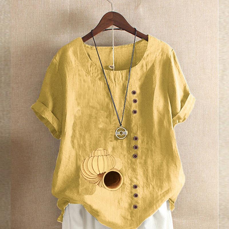 Women's Fashion Conch Print Short Sleeve T-shirt Loose Cotton Shirt Casual Loose Summer Blouse Tops Plus Size