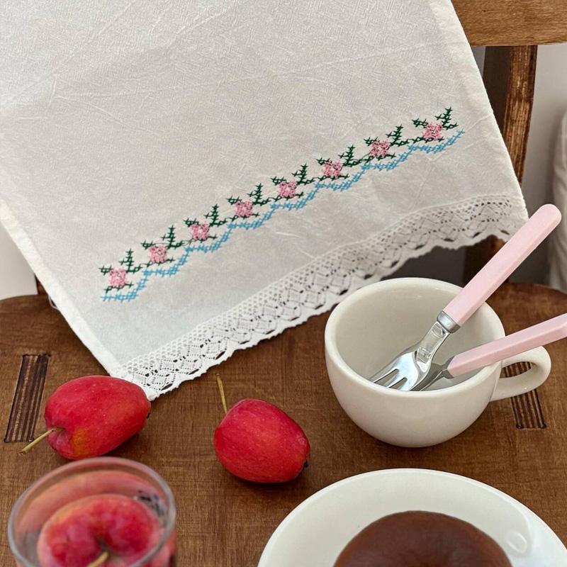1Pc Solid Color Pastoral Style Photography Props Korean-style Cover Cloth Dust Cover Decorative Cloth Embroidered Cotton Placemat