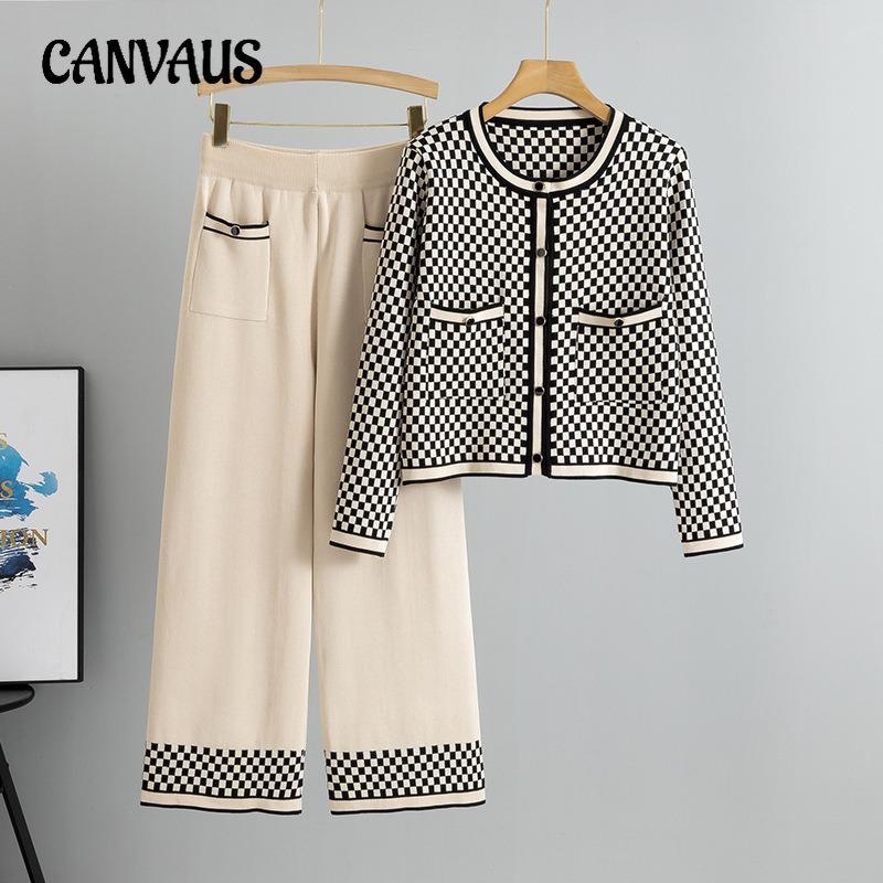 Women's Spring New Fashion Casual Plaid Sweater Wide Leg Pants Knit Two Piece Set