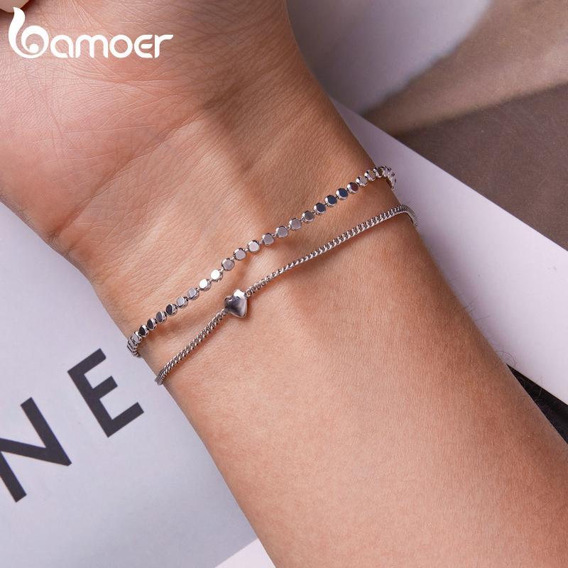 BAMOER 925 Sterling Silver Simple Double Layer Bracelet for Women Adjustable Lock Chain Heart Bracelet Fine Jewerly Wedding Gift