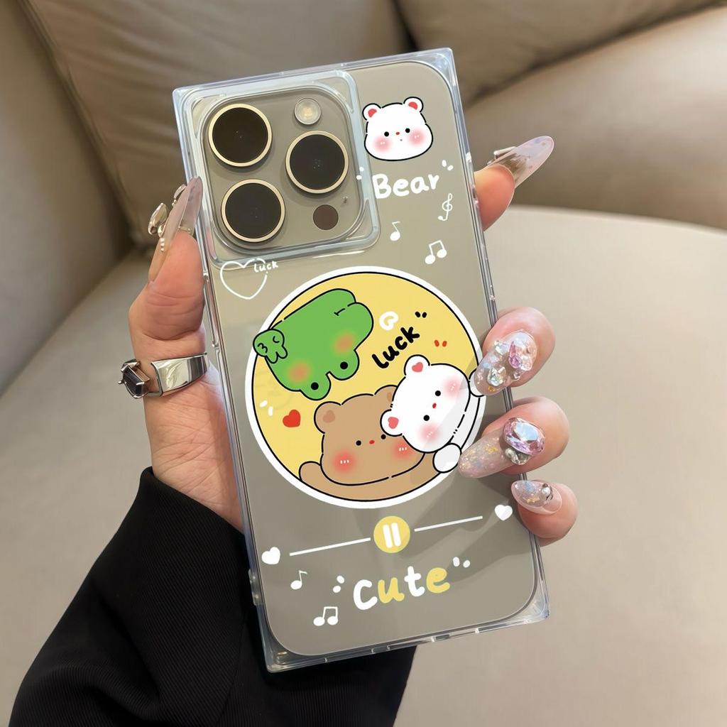 Прозрачный чехол с квадратной задней стенкой и защитой боковых граней для iPhone 16 ProMax 15 Plus 12 13 11 14 Pro Max, не подверженный окислению, с рисунком диска 'Маленький медвежонок'