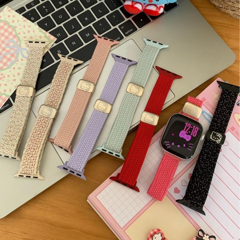 Совместимый ремешок для Apple Watch Series 10/11 - Милый дизайн с кошкой KT с плетеным магнитным замком, Модель 9876E.