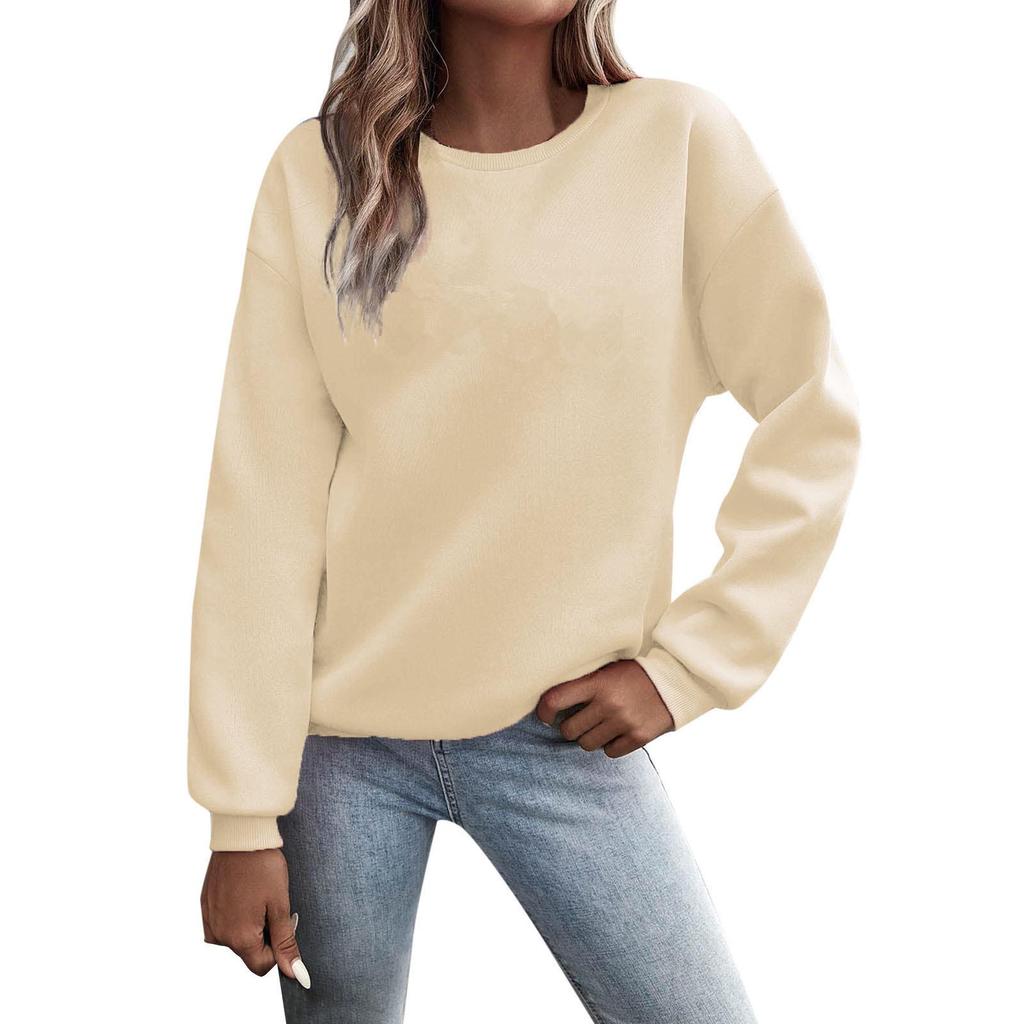 Women's European and American Loose Fit Round Neck Solid Sweatshirt - Autumn/Winter Plus Velvet Long Sleeve Casual Sports Top