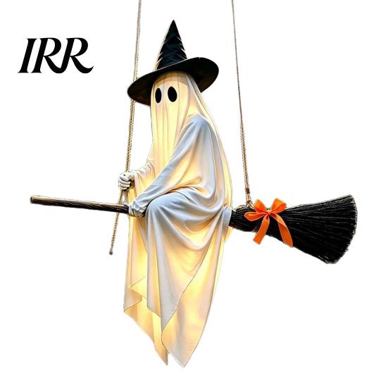 Playful Ghost Face Decoration Halloween Hanging Outdoor Decoration, Spooky LED Light Up Witch with Orange Bow Accents on Broom for Home, Tree, Porch,