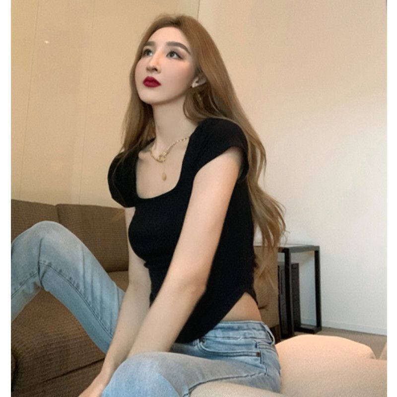 Summer new T-shirt women's square collar curved hem short sleeve Korean version solid color slim fit Spice girl short top women