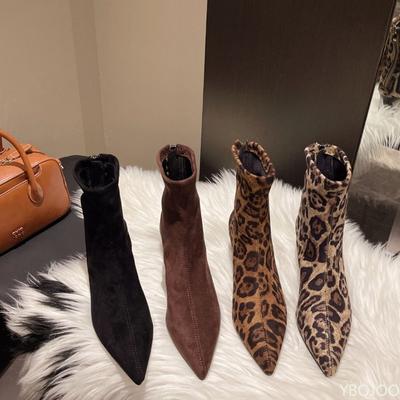 Модные ботинки большого размера женские на среднем каблуке с острым носком на молнии сзади короткие ботинки осенние с леопардовым принтом эластичные женские облегающие ботинки