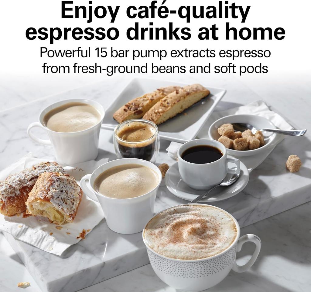 Кофемашина эспрессо 15 бар, капучинатор для молока, на две чашки, для капсул или молотого кофе, резервуар 50 унций, черный