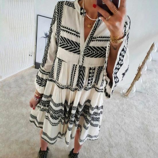 Women's Summer Pleated Short Dress Ruffled 3/4 Sleeve V Neck Button Up Mini Dress Boho Loose Flowy Beach Sundress