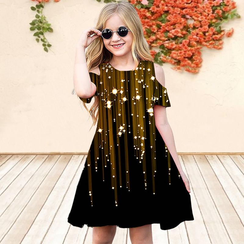 Girls Floral Gold Sequins Print Dresses Kids Girl Party Off Shoulder Dress Princess Dress Short Sleeved Dress Over Four Years Old