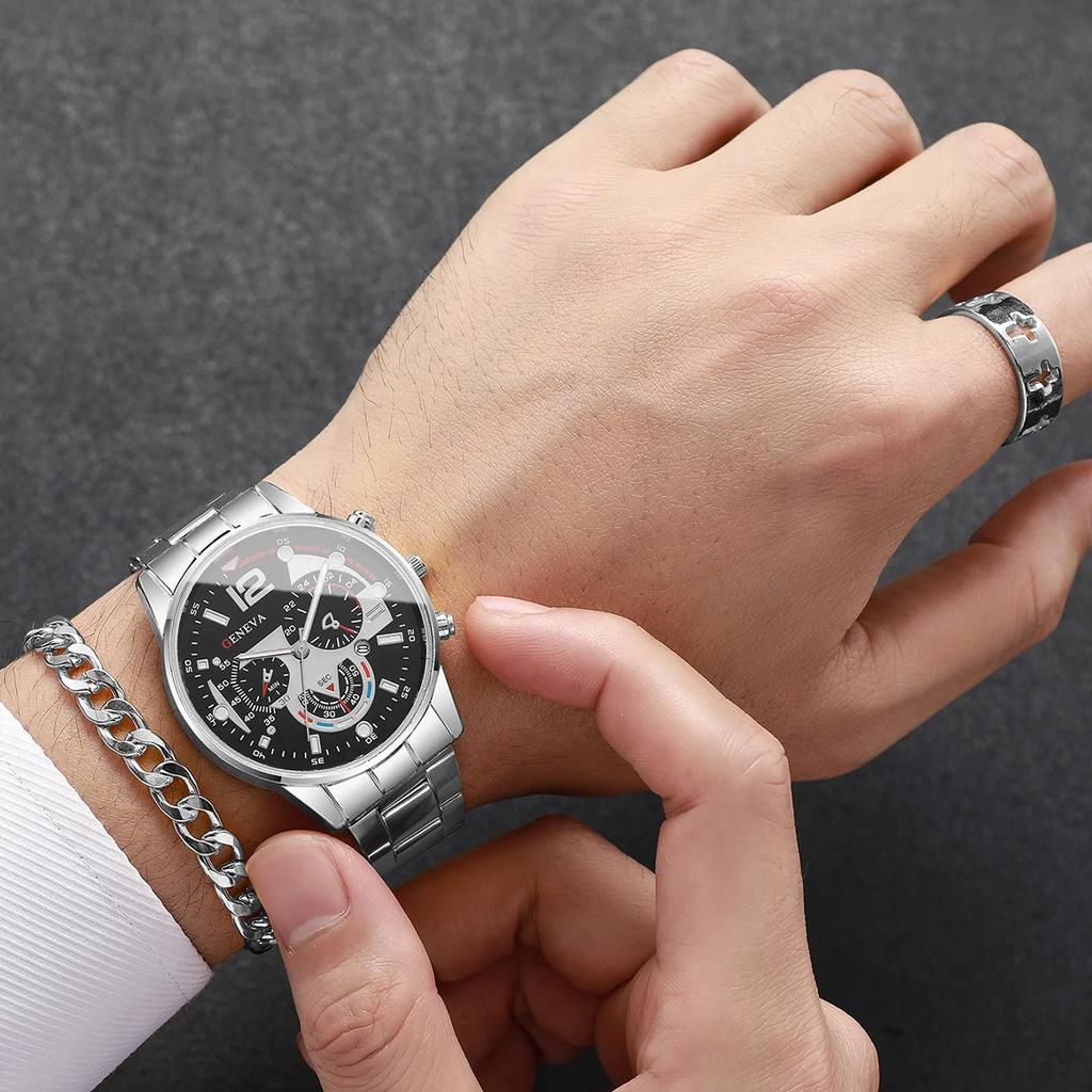 4PCS Trendy Hip-hop Men's Business Watch Bracelet Ring Set, Analog Mechanical Watch Quartz Watch Men's Clock (no Box)