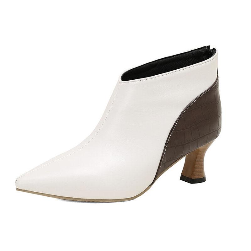Женские туфли-лодочки Модная кожаная обувь Задняя молния Весна Осень Ботильоны до щиколотки Женский лоскутный дизайн Остроносые ботильоны WSH5043