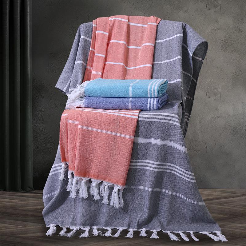 Turkish Cotton Striped Beach Towel with Tassels – Absorbent, Ideal for Bathing, Swimming, and Sun Protection