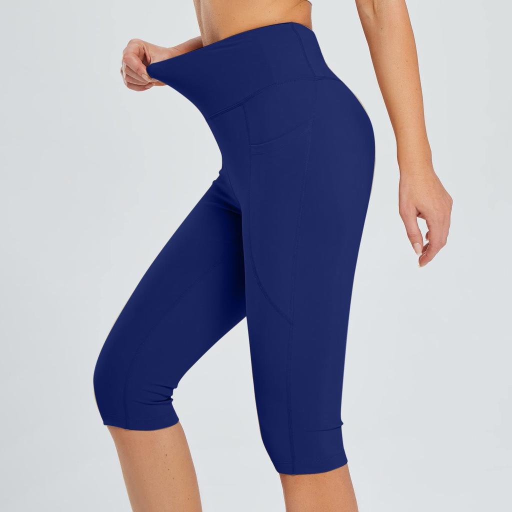 Women  Elastic High Waist 3/4 Pant Casual Active  Fit Wide Capris Leg Pants Trousers With Pockets
