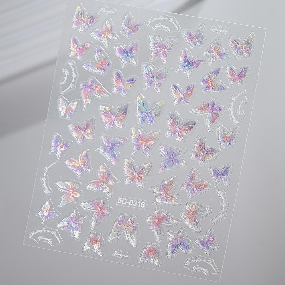 1pcs Fairy Shell Pink Butterfly Nail Stickers 5D Embossed Aurora Butterflies Nail Art Decals Self Adhesive Manicure Charms 0317