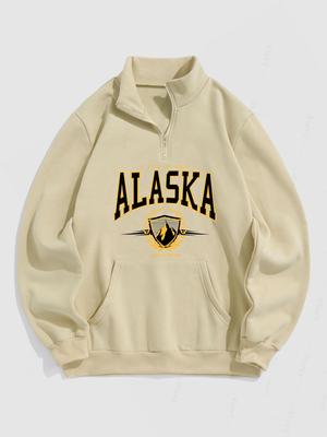 Толстовка-пуловер в винтажном стиле с принтом ALASKA, флисовой подкладкой, на молнии, с передним карманом и четвертью