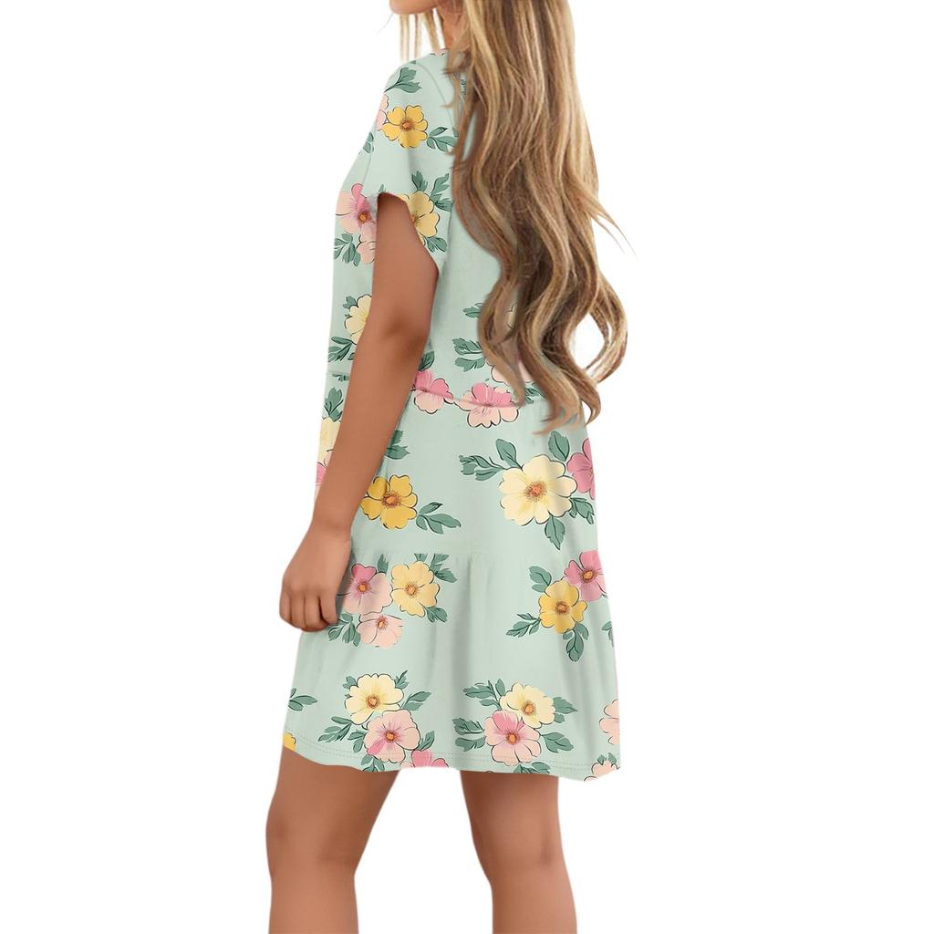 Women's Fashion Casual Round Neck Short Sleeve Ruffle Gradient Printed Dresses