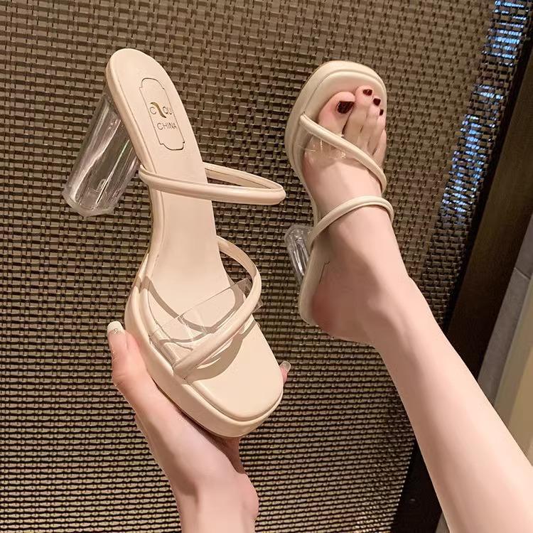 High heels women's outer wear new summer transparent sandals one word with thick heel crystal heel cool slippers women's shoes