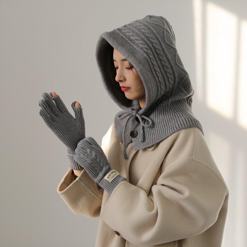 Wool Knitted Balaclava with Neck Scarf Integrated Hat Gloves Autumn and Winter Neck Protection Fashionable Red