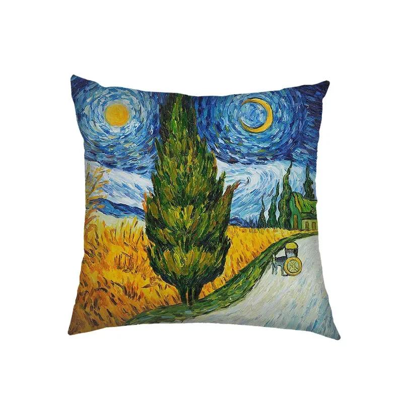 Oil Painting Kiss By Gustav Klimt Cushion Cover Van Gogh Starry Night Linen Pillowcase Sofa Throw Pillow Covers for Living Decor