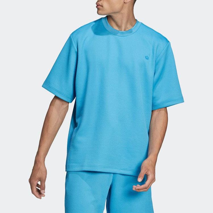 Adidas Originals Solid Logo Pleated Breathable Crew Neck Short Sleeve T-Shirt Men Tops Blue HC4608