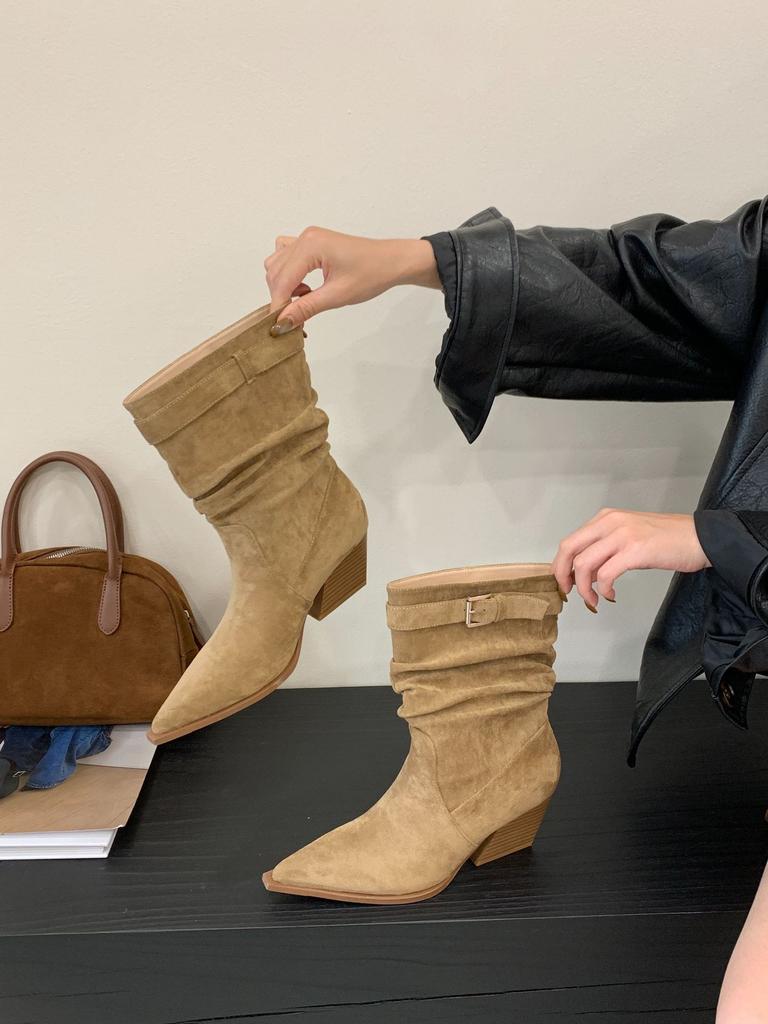 French Retro Pointed Suede Thick Heel Medium Boots Women's 2025 Autumn and Winter New Pleated Pile Boots Western Cowboy Boots
