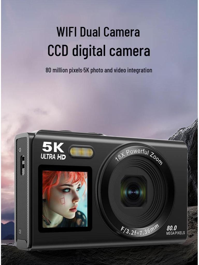 5K HD Dual-Screen Digital Camera with Selfie and WIFI Transfer To Mobile Phone