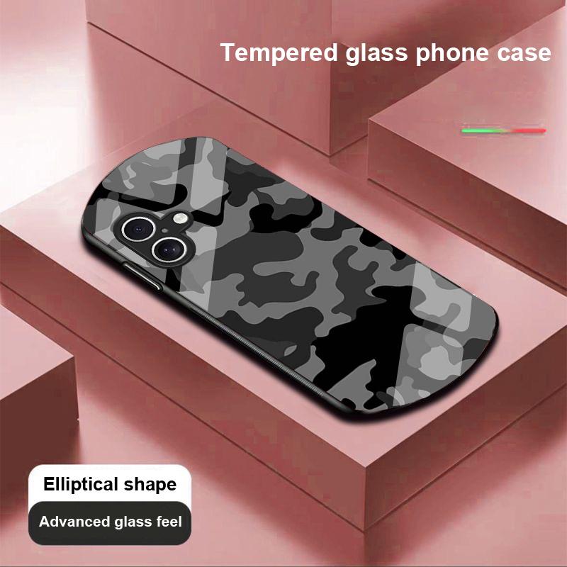 Камуфляжный синий Для Apple IPhone 16 11 13 15 14 Pro Max 12 Mini 7 8 Plus XR X XS Эллиптическая форма Закаленное стекло Чехол для телефона