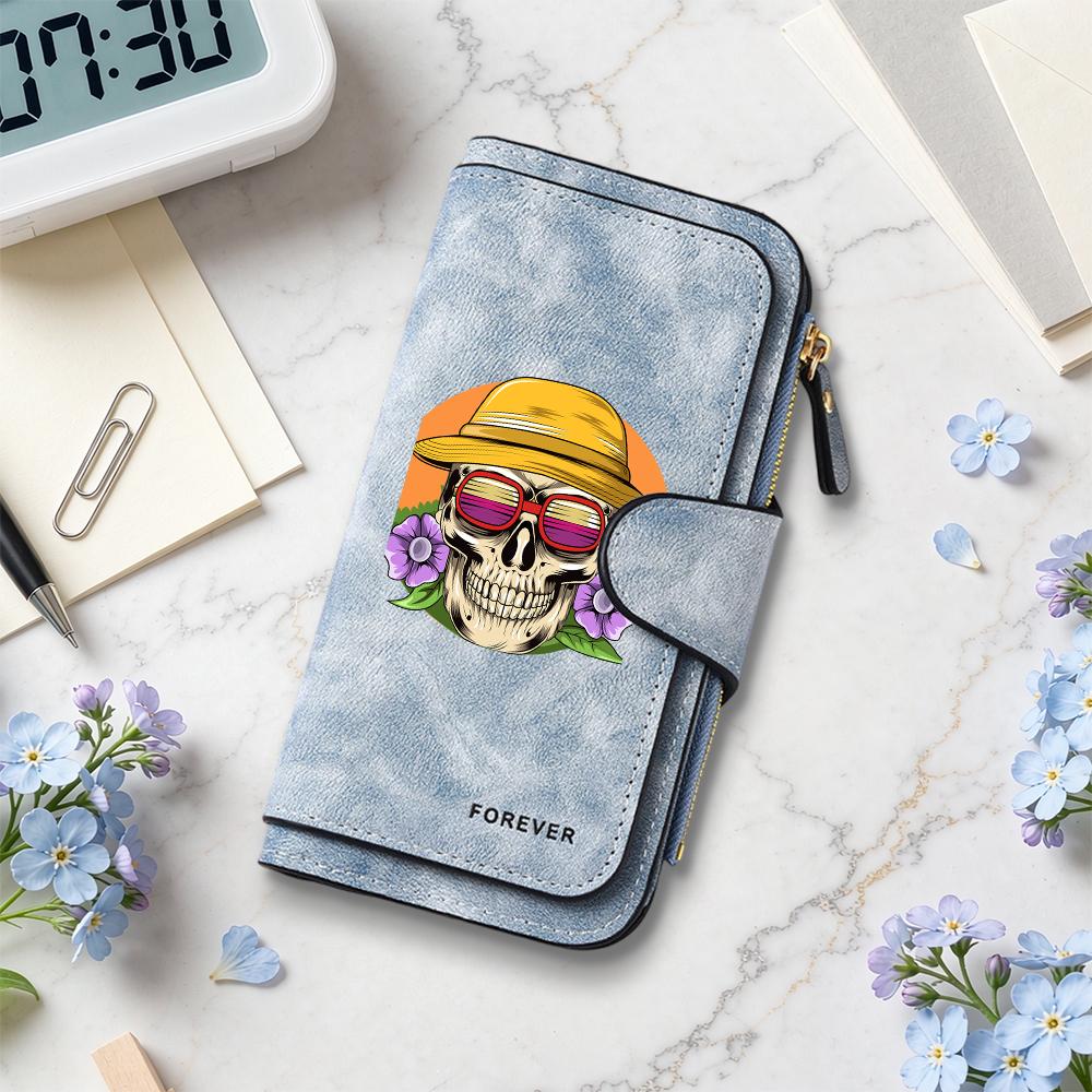Cool Skull Pattern PU Long Wallet Stylish Casual Card Holder Purse for Daily Use