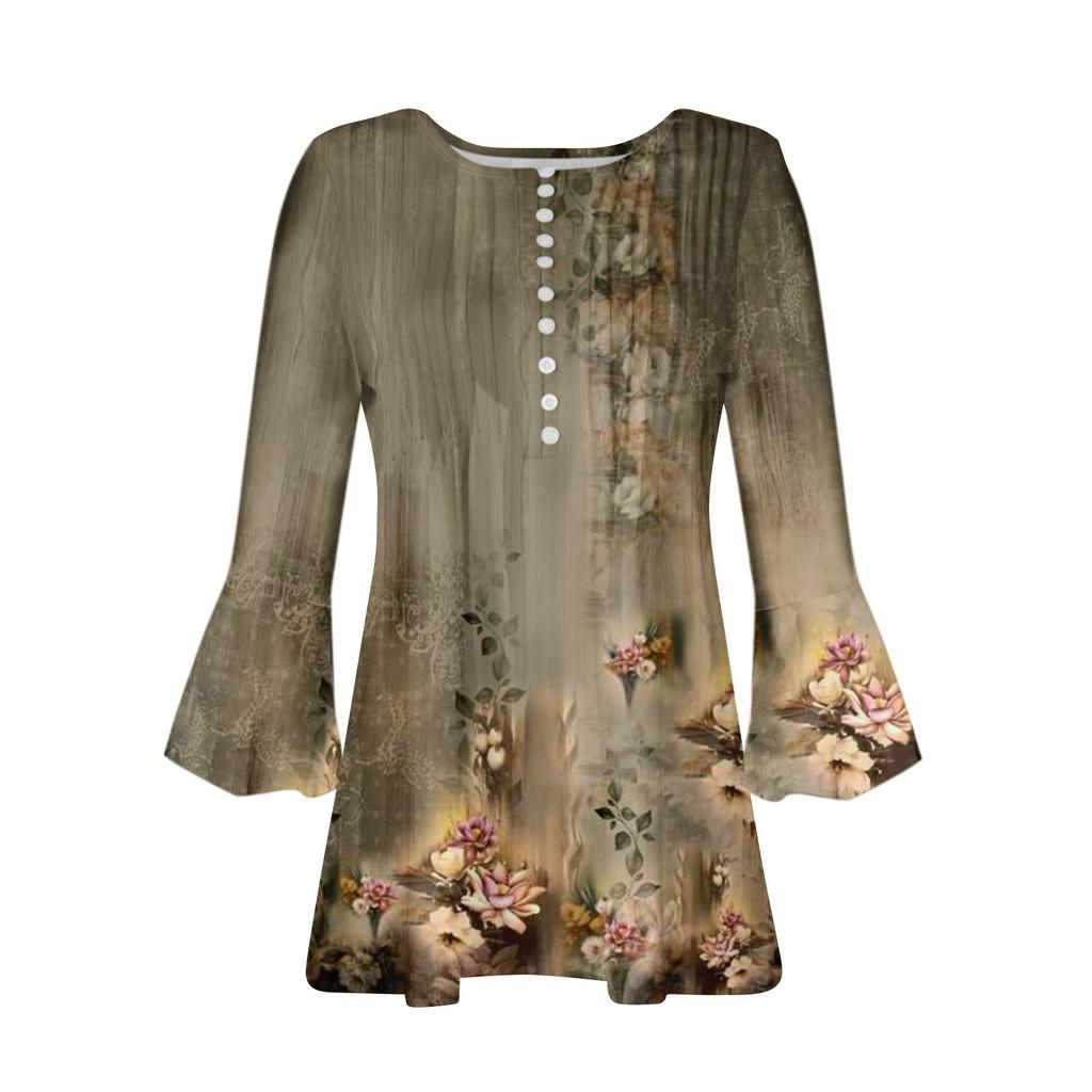 Рубашки на пуговицах для женщин, туника с принтом, летние топы, нарядные повседневные весенние блузки с рукавом 3/4 и v-образным вырезом