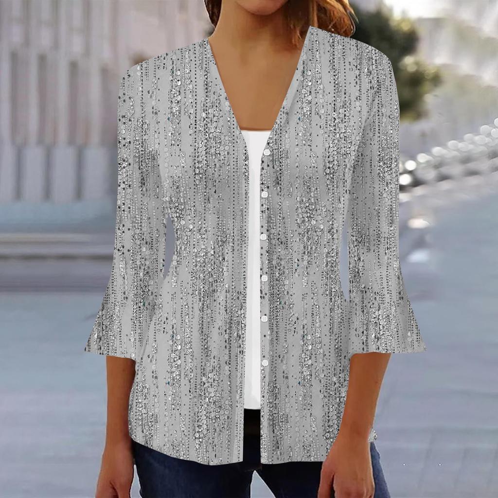 Women's Fashion Loose Casual Printed Three-quarter Sleeve Button Shirt Cardigan Top