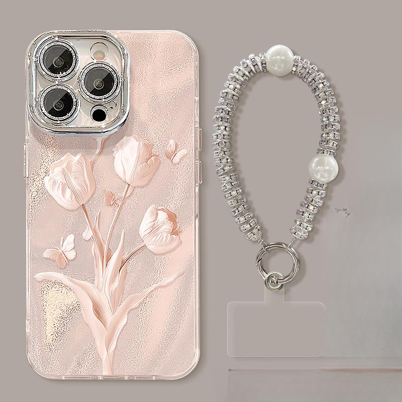 Красивый розовый браслет-тюльпан, подходящий для чехла для телефона Apple iPhone 16, 15, нишевый, с ощущением высокого класса, 14, подставка, 13, женский
