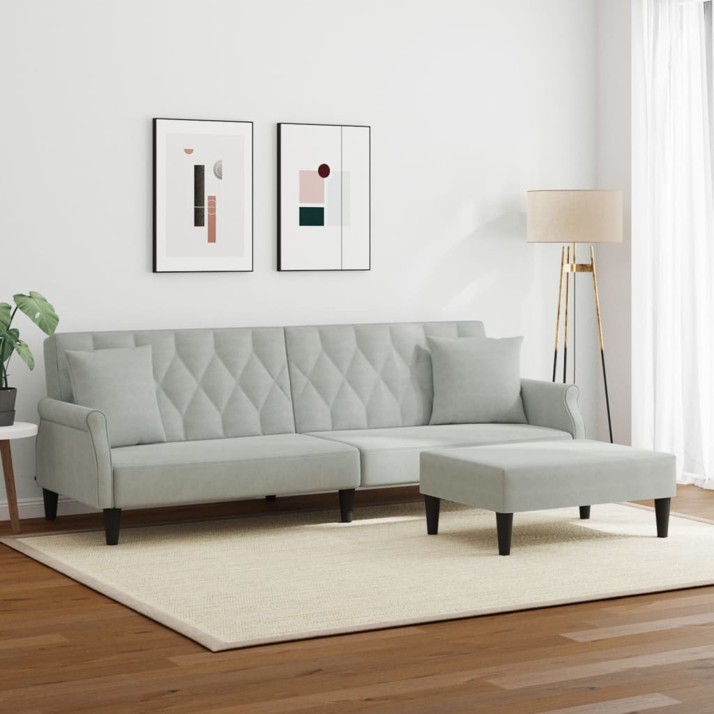 2 Seater Sofa Bed with Cushions and Footstool Light Grey Velvet