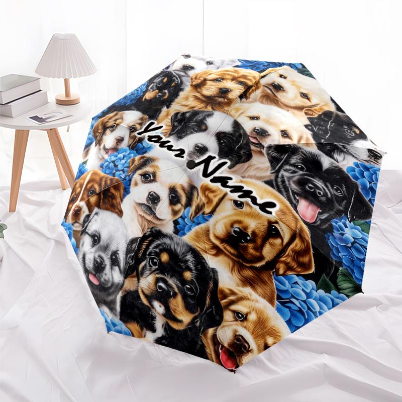 1PC Custom Name Puppies Blue Flowers Automatic Folding Umbrella Compact Travel Umbrella for Men & Women, Ideal Gift for Christmas, Birthdays, Hallo