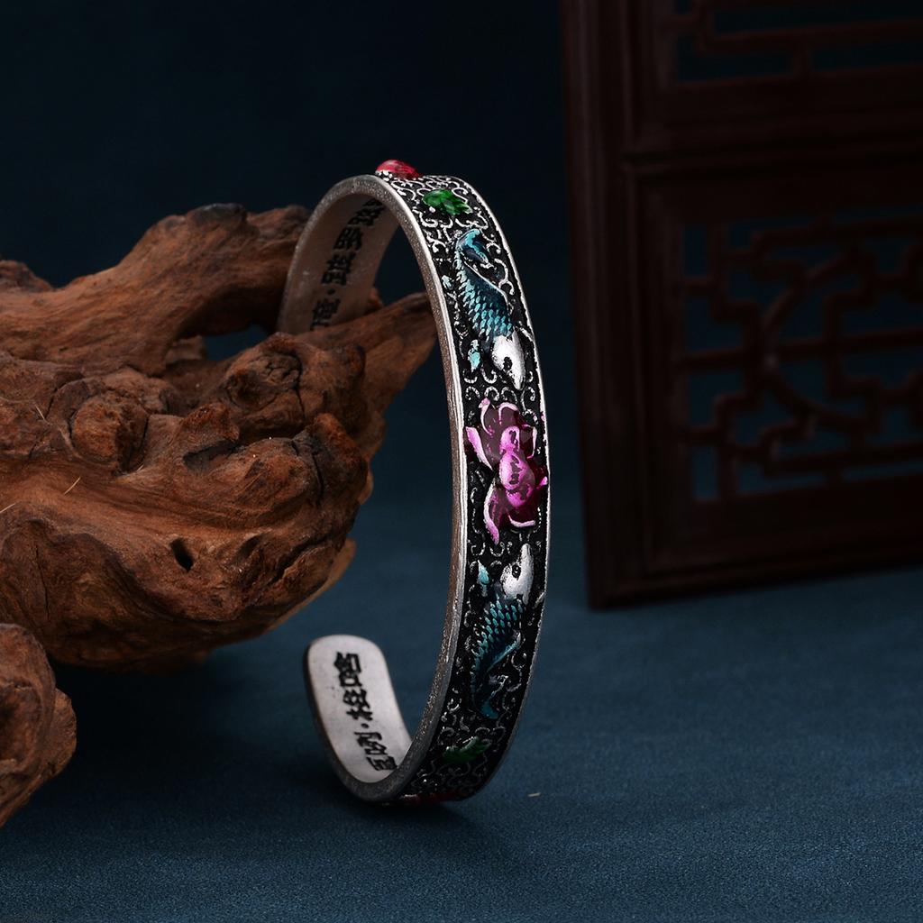 Personalized Burnt Blue Vintage Heart Sutra Enamel Bracelet Cloisonne Double Fish Play Lotus Dropping Gel Silver Bracelet Birthday Gift