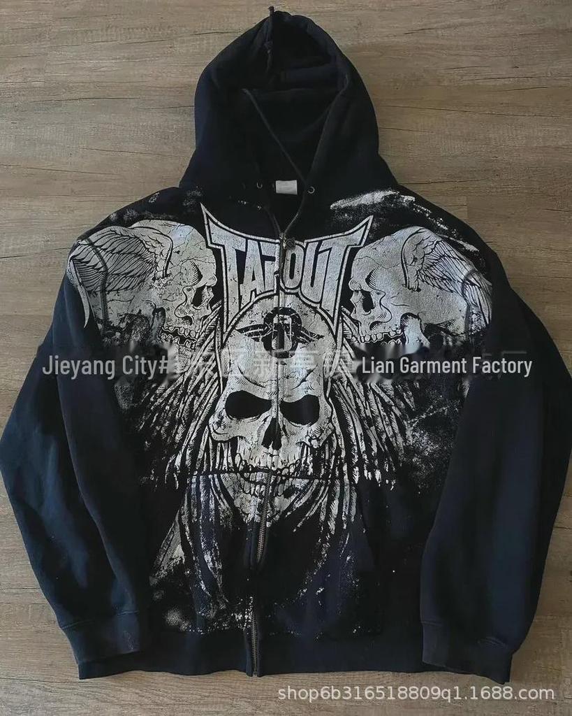 «Унисекс-кардиган с капюшоном на молнии со скелетом — принт в стиле «Американский ретро»»