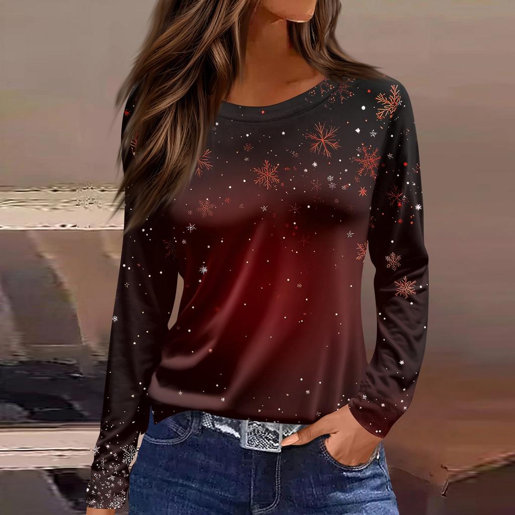 Women's Fashion Casual Slit Hem Round Neck Long Sleeve Loose Christmas Printed T-Shirt Ladies Top