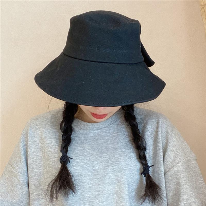 Bow Hat Big Brimmed Hat Solid Color Female Fisherman Hat Hepburn Style Sunscreen Sun Hat