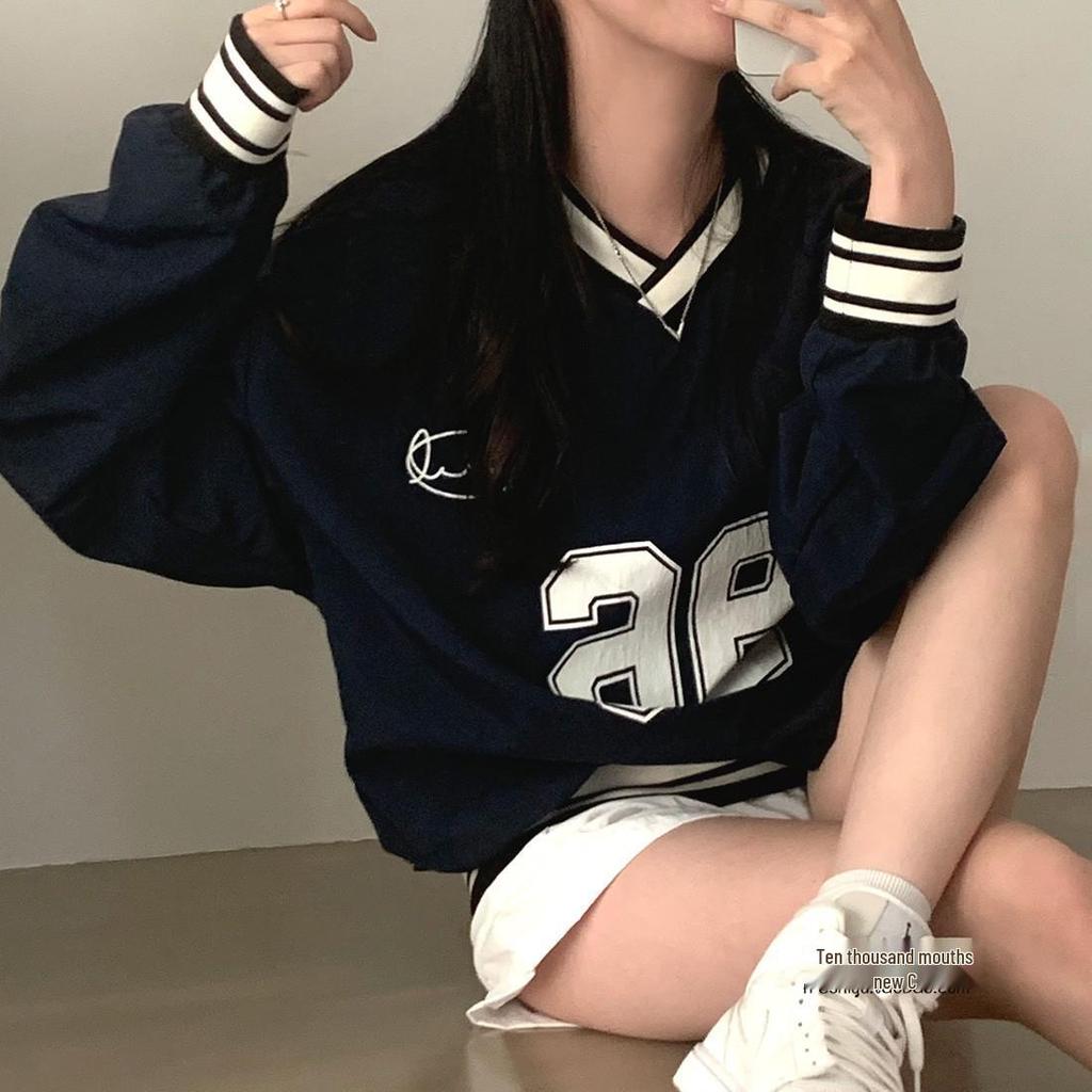 Темно-синий свитшот для бейсбольной девушки с V-образным вырезом и цветными блоками - Повседневный свободный крой, Тонкий с длинным рукавом