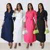 Spring Summer Women's Long Sleeve Polo Neck High Waist Fashion Casual Pleated Dress