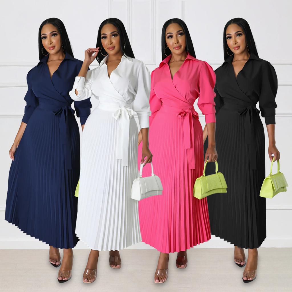 Spring Summer Women's Long Sleeve Polo Neck High Waist Fashion Casual Pleated Dress