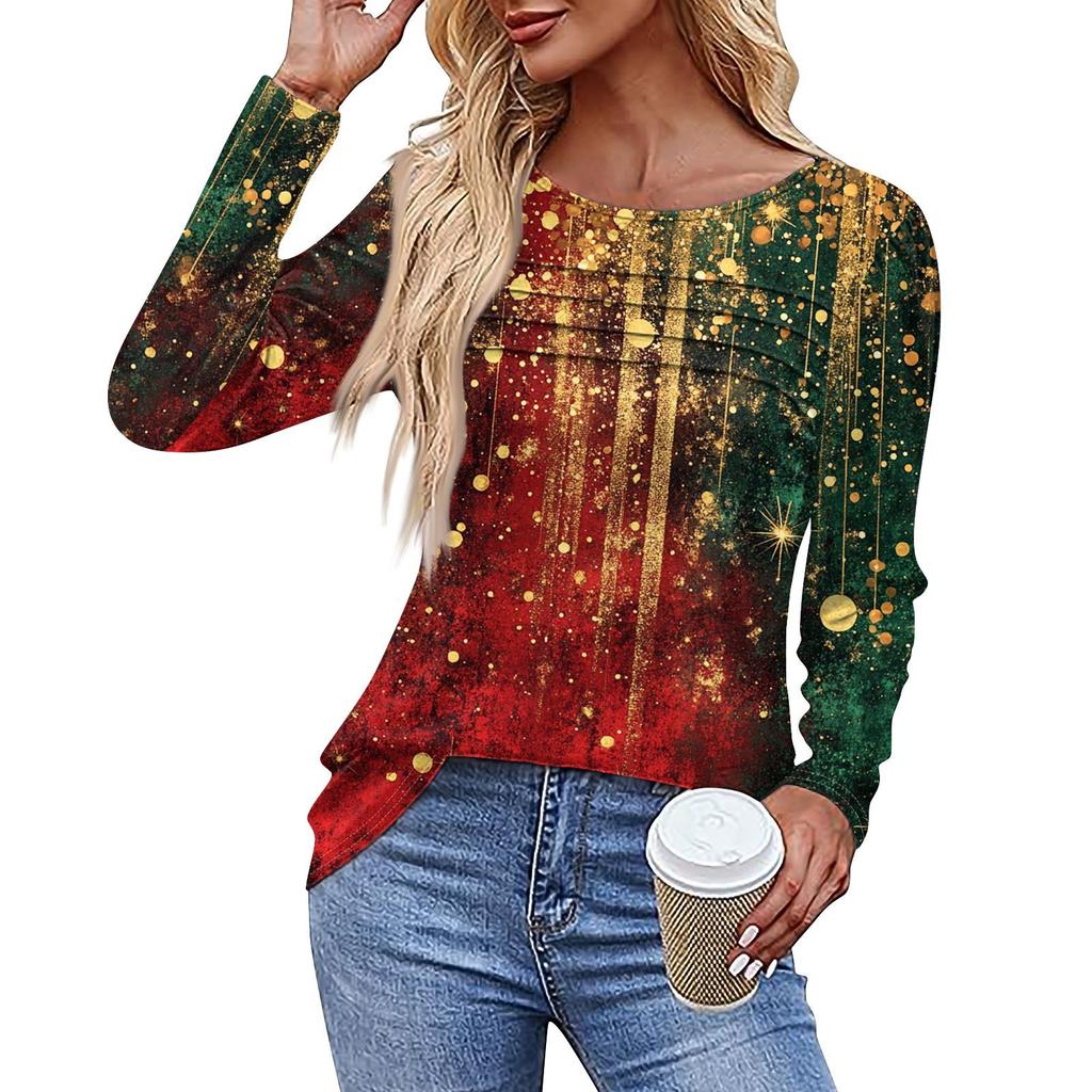 Женская повседневная модная футболка с круглым вырезом и длинными складками на Рождество